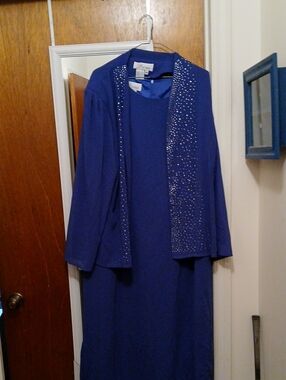 Elegant Royal Blue Midi Dress with Embellished Jacket With Sequins Along bodice.